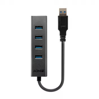 Lindy 4 port USB 3.0 hub, USB 3.2 Gen 1 (3.1 Gen 1) Type-A, USB 3.2 Gen 1 (3.1 Gen 1) Type-A, 5000 Mbit/s, čierny, hliník, plast, 0.3 m