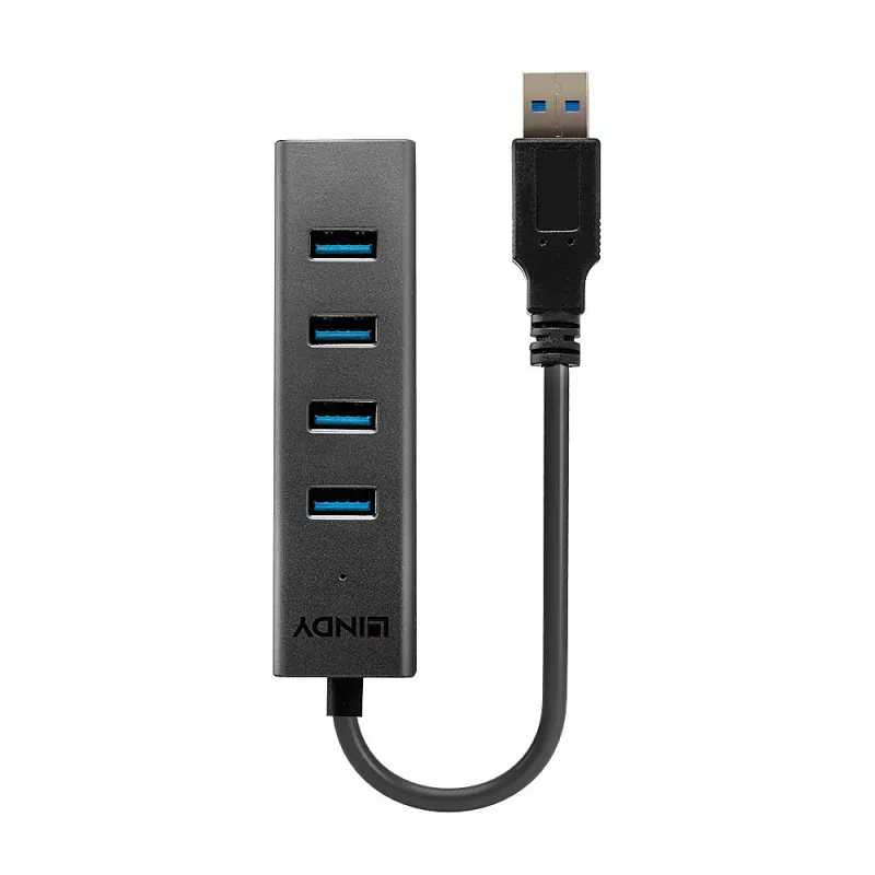 Lindy 43324 4-portový USB 3.0 rozbočovač, USB 3.2 Gen 1 Type-A, 5 Gbit/s, integrovaný kábel, hliník/plast, čierny