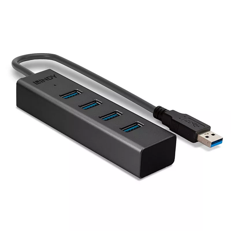 Lindy 43324 4-portový USB 3.0 rozbočovač, USB 3.2 Gen 1 Type-A, 5 Gbit/s, integrovaný kábel, hliník/plast, čierny