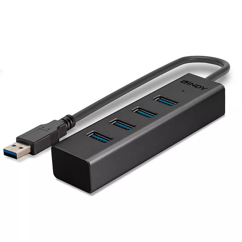 Lindy 43324 4-portový USB 3.0 rozbočovač, USB 3.2 Gen 1 Type-A, 5 Gbit/s, integrovaný kábel, hliník/plast, čierny