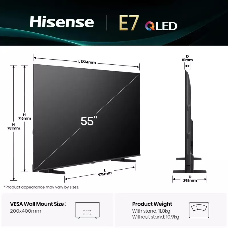Hisense 55E77Q 139,7 cm (55") QLED 4K Ultra HD Smart TV, Wi-Fi, trojitý tuner, čierny