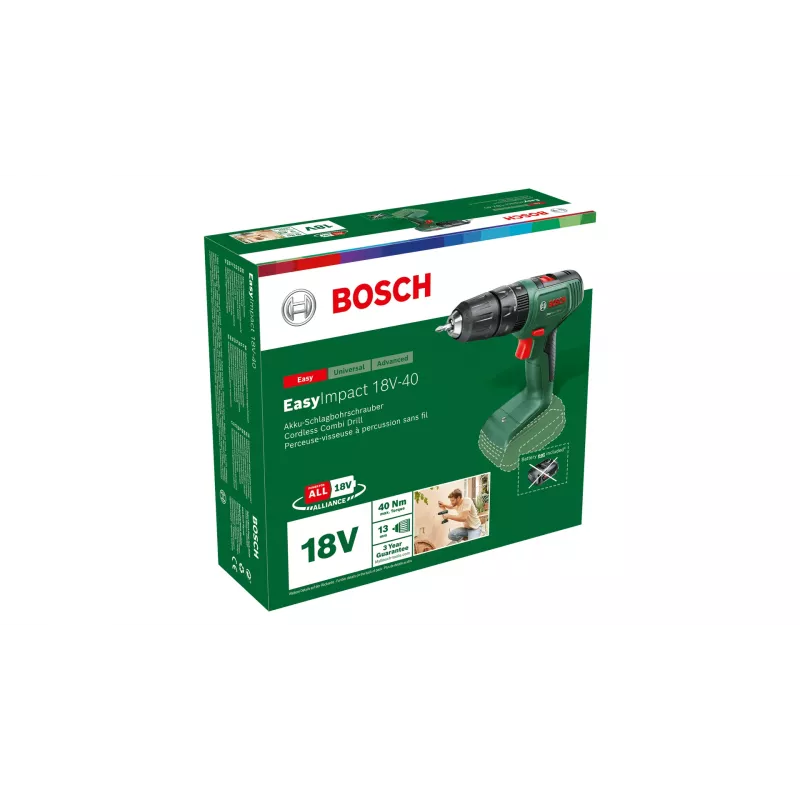 Bosch EasyImpact 18V-40 06039D8100 akumulátorová príklepová vŕtacia skrutkovačka, 1630 ot./min, 24450 úderov/min, rýchloupínacie skľučovadlo, bez akumulátora a nabíjačky, zelená/čierna