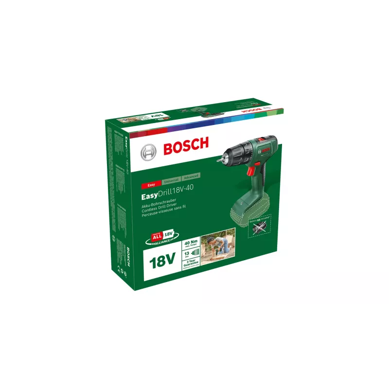 Bosch EasyDrill 18V-40 06039D8000 akumulátorová vŕtacia skrutkovačka, 40 Nm, 1630 ot./min, 2-rýchlostná, bez akumulátora a nabíjačky, zelená/čierna