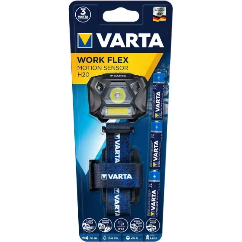 Čelová lampa Varta WORK FLEX MOTION SENSOR H20 čierna modrá LED 150 lm 20 h