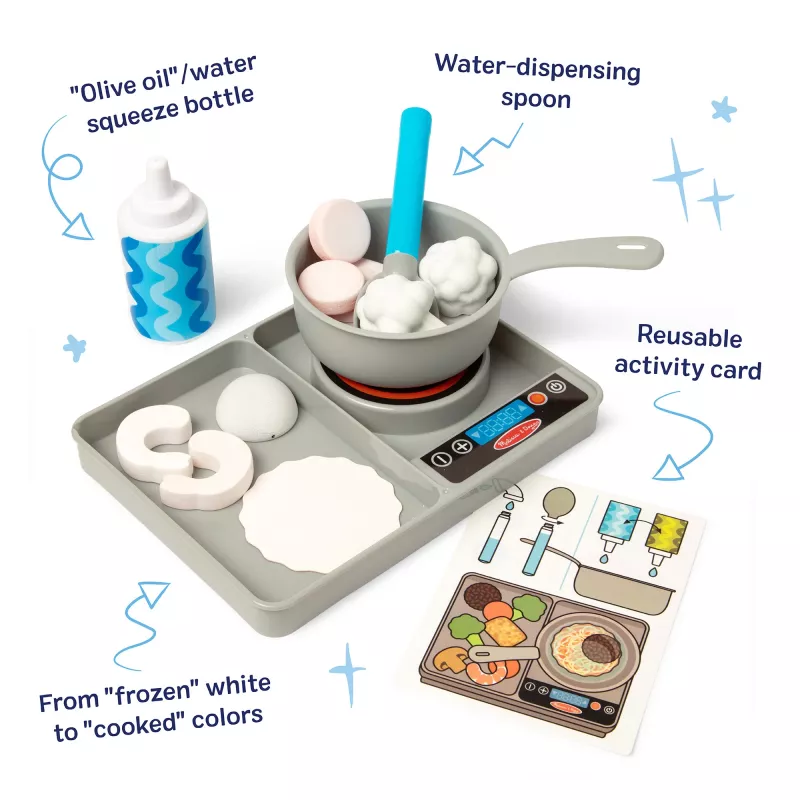Melissa & Doug Simmer & Stir Stovetop hracia sada s Water WOW Color Reveal hračkou na jedlo, predškolská hračka od 3 rokov