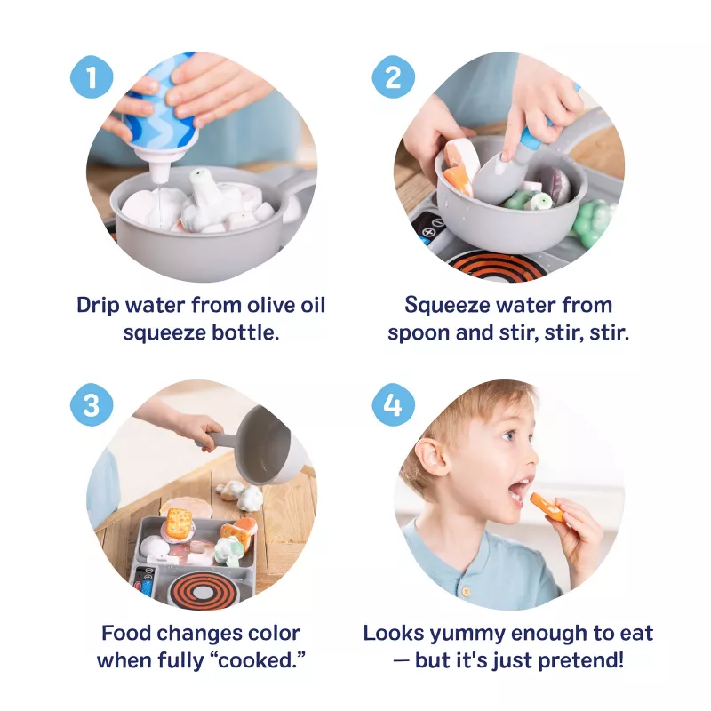 Melissa & Doug Simmer & Stir Stovetop hracia sada s Water WOW Color Reveal hračkou na jedlo, predškolská hračka od 3 rokov