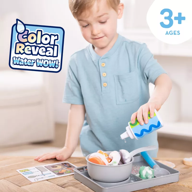 Melissa & Doug Simmer & Stir Stovetop hracia sada s Water WOW Color Reveal hračkou na jedlo, predškolská hračka od 3 rokov
