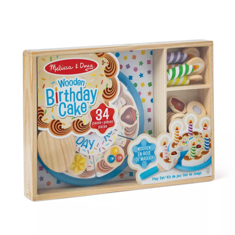 Melissa & Doug narodeninová torta – drevené hračkárske potraviny s dekoráciami na miešanie a 7 sviečkami