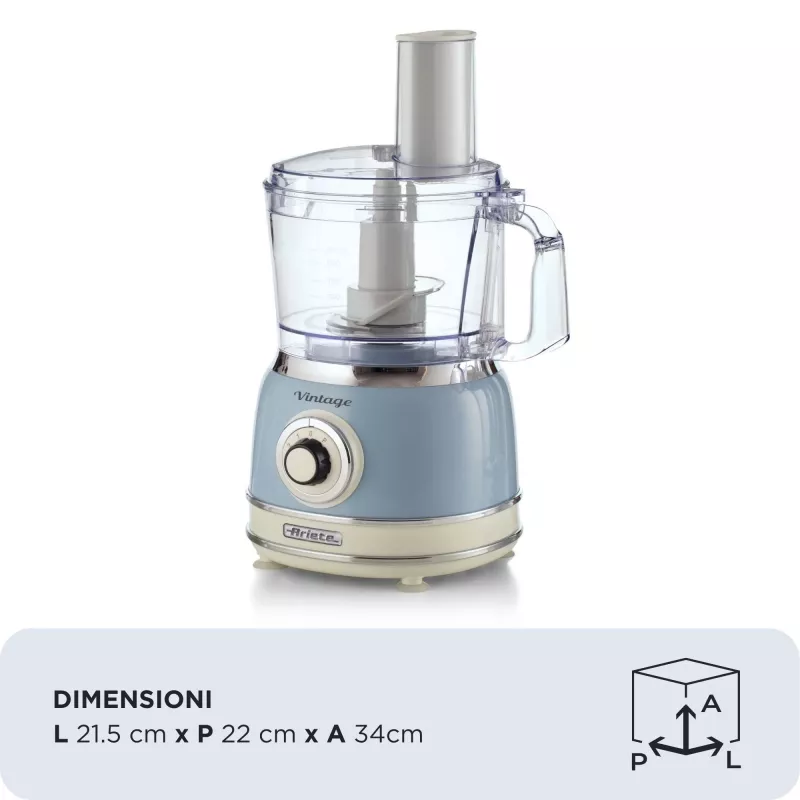 Kuchynský robot ARIETE Vintage Line 1781/05 — 1000 W, misa 2,1 l, otočný regulátor, nerezové nože, modrý