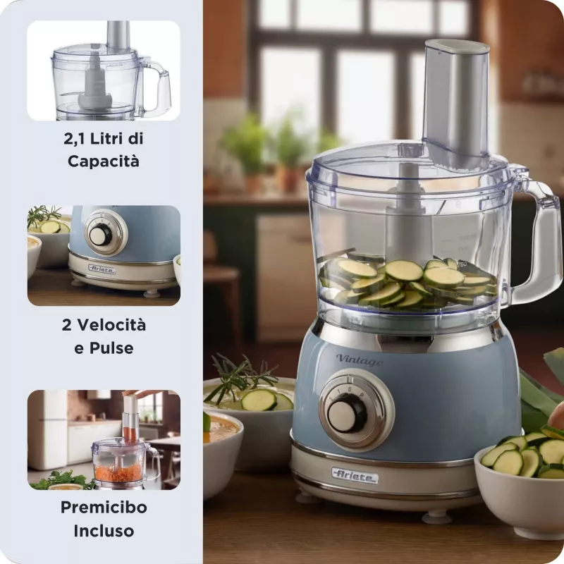 Kuchynský robot ARIETE Vintage Line 1781/05 — 1000 W, misa 2,1 l, otočný regulátor, nerezové nože, modrý