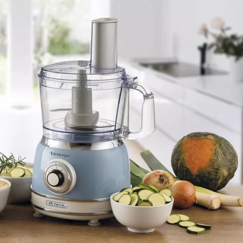Kuchynský robot ARIETE Vintage Line 1781/05 — 1000 W, misa 2,1 l, otočný regulátor, nerezové nože, modrý