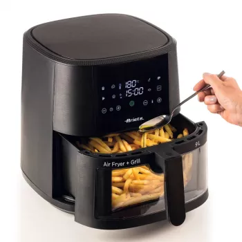 Ariete 4630 teplovzdušná fritéza 9L, 1300W, objem 9L, množstvo potravín 2,5 kg, 8 prednastavených programov, teplota do 200 °C, priehľadný kôš na kontrolu varenia, čierna
