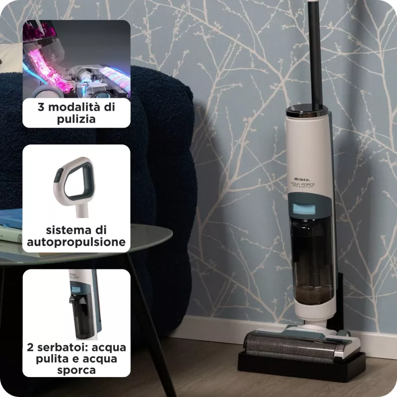 Ariete 2483 Aqua Force Wash & Vacuum, inteligentný vysávač, bezdrôtový čistič podláh, batéria, vysáva a umýva, zvieracie chlpy, suchá a mokrá špina, objem 700 ml, príslušenstvo v balení