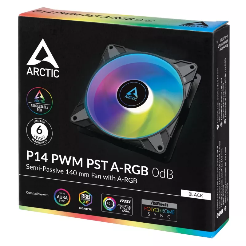 ARCTIC P14 PWM PST A-RGB 0dB – semi-pasívny 140-mm ventilátor s digitálnym A-RGB