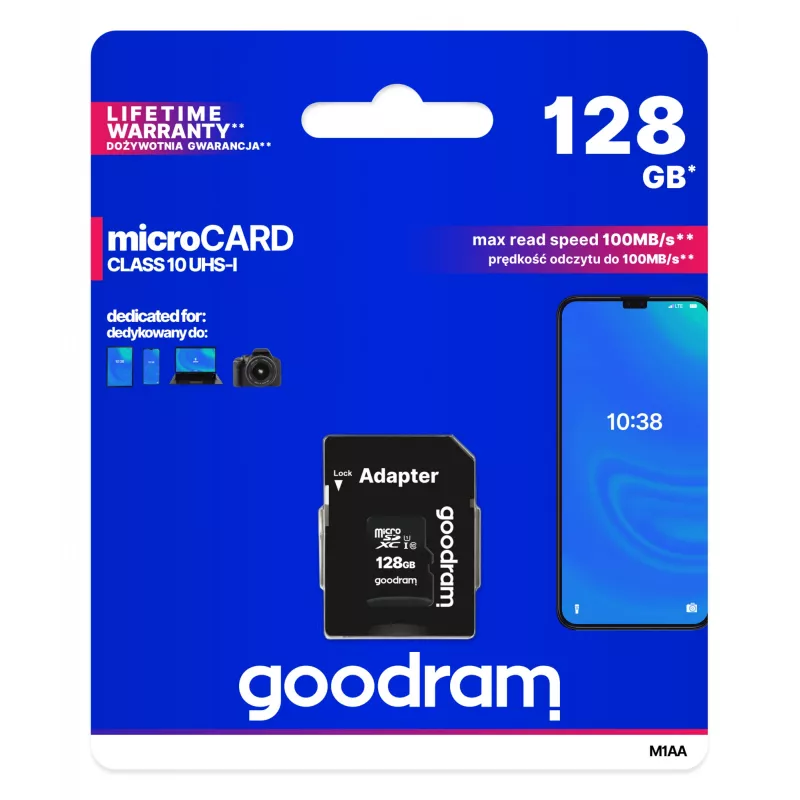 MicroSDXC flash pamäť GOODRAM 128GB UHS‑I Class 10 (čítanie 100 MB/s, zápis 10 MB/s) so SD adaptérom