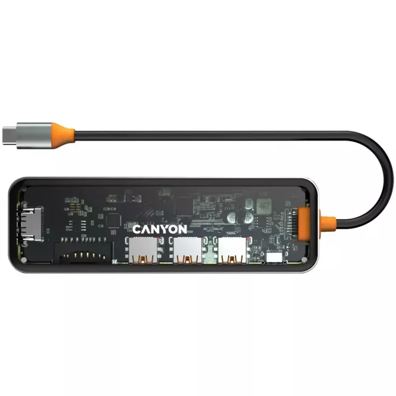 Canyon DS-13 CNS-TDS13 7-v-1 USB-C hub, 4K HDMI, 3x USB 3.0, USB-C PD 100W, čítačka SD/microSD, priehľadný Space Grey