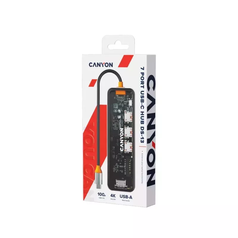 Canyon DS-13 CNS-TDS13 7-v-1 USB-C hub, 4K HDMI, 3x USB 3.0, USB-C PD 100W, čítačka SD/microSD, priehľadný Space Grey