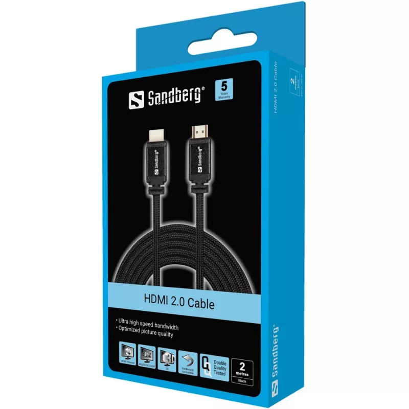 Sandberg HDMI 2.0 kábel 19M-19M, 2 m, HDMI Type A (Standard), HDMI Type A (Standard), čierny