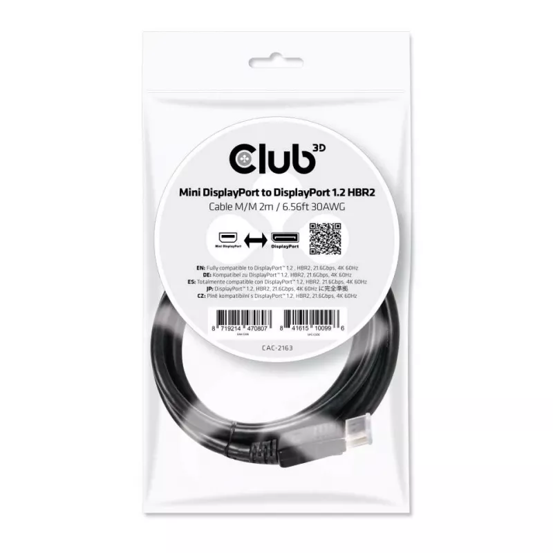 Kábel Club 3D CAC-2163 Mini DisplayPort na DisplayPort 1.2 HBR2, vidlica/vidlica, 2 m (6,56 ft), 4K60Hz