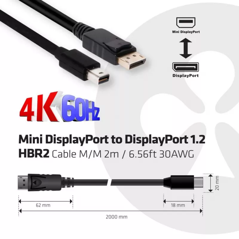 Kábel Club 3D CAC-2163 Mini DisplayPort na DisplayPort 1.2 HBR2, vidlica/vidlica, 2 m (6,56 ft), 4K60Hz