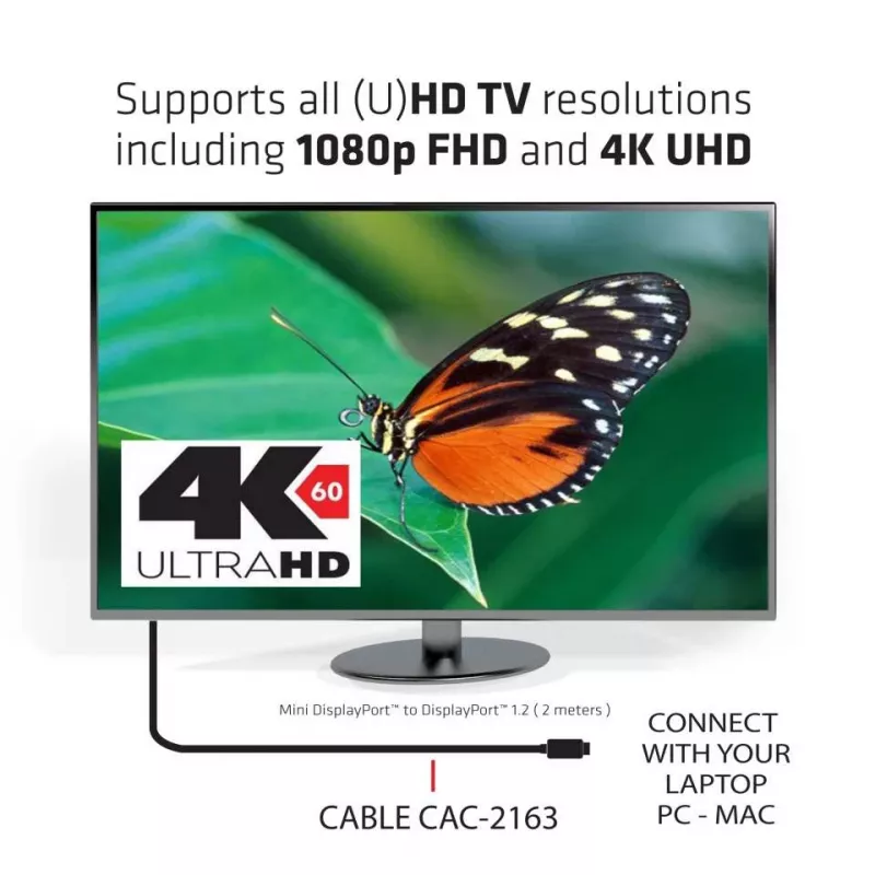 Kábel Club 3D CAC-2163 Mini DisplayPort na DisplayPort 1.2 HBR2, vidlica/vidlica, 2 m (6,56 ft), 4K60Hz