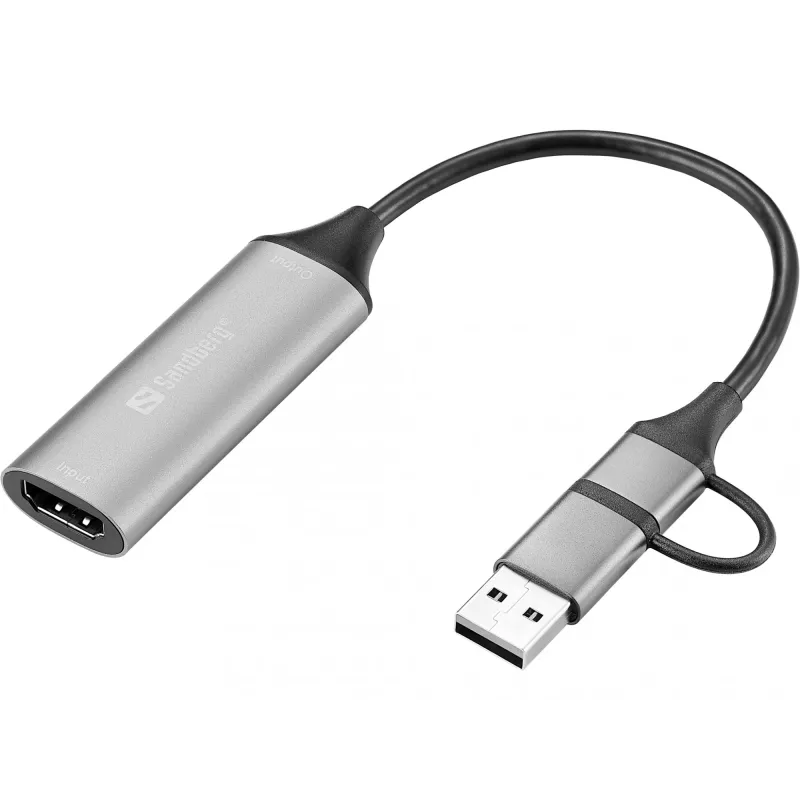 Sandberg HDMI Capture Link na USB-C/A, HDMI typ A (Standard), USB Type-A + USB Type-C, konektor samica, konektor samec, rovný, rovný