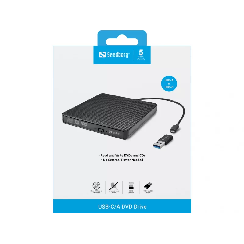Sandberg USB-C/A DVD mechanika, čierna, tray, desktop/notebook, DVD Super Multi DL, USB Type-C, CD-R, CD-ROM, CD-RW, DVD+R DL, DVD-R, DVD-R DL, DVD-RAM, DVD-ROM, DVD-RW