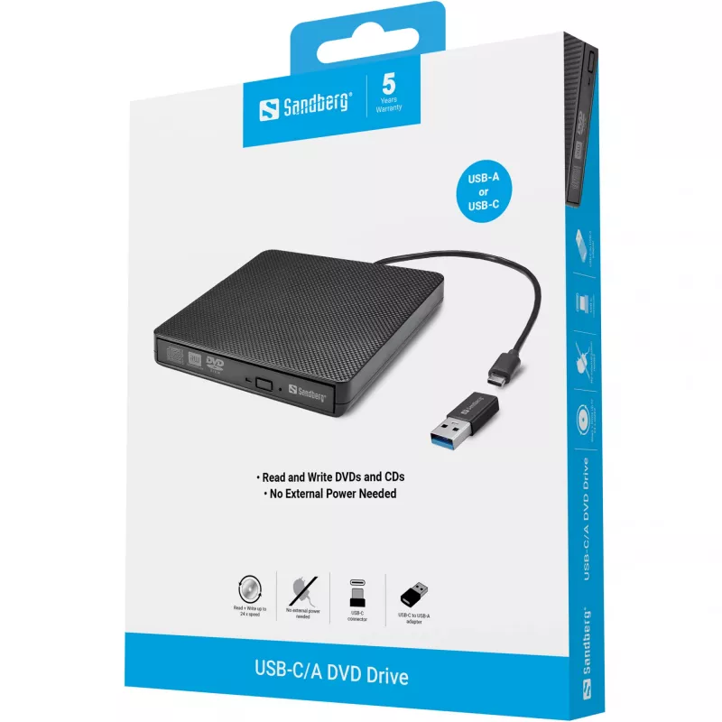 Sandberg USB-C/A DVD mechanika, čierna, tray, desktop/notebook, DVD Super Multi DL, USB Type-C, CD-R, CD-ROM, CD-RW, DVD+R DL, DVD-R, DVD-R DL, DVD-RAM, DVD-ROM, DVD-RW