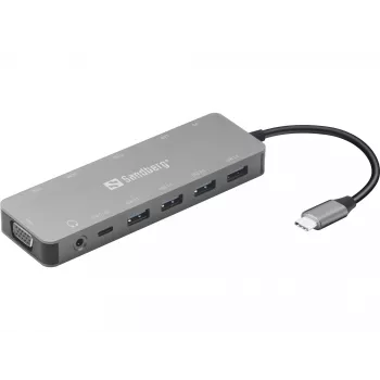 Sandberg USB-C 13-in-1 cestovný dock, USB Type-C, 100 W Power Delivery, Ethernet 1000 Mbit/s