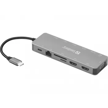 Sandberg USB-C 13-in-1 cestovný dock, USB Type-C, 100 W Power Delivery, Ethernet 1000 Mbit/s
