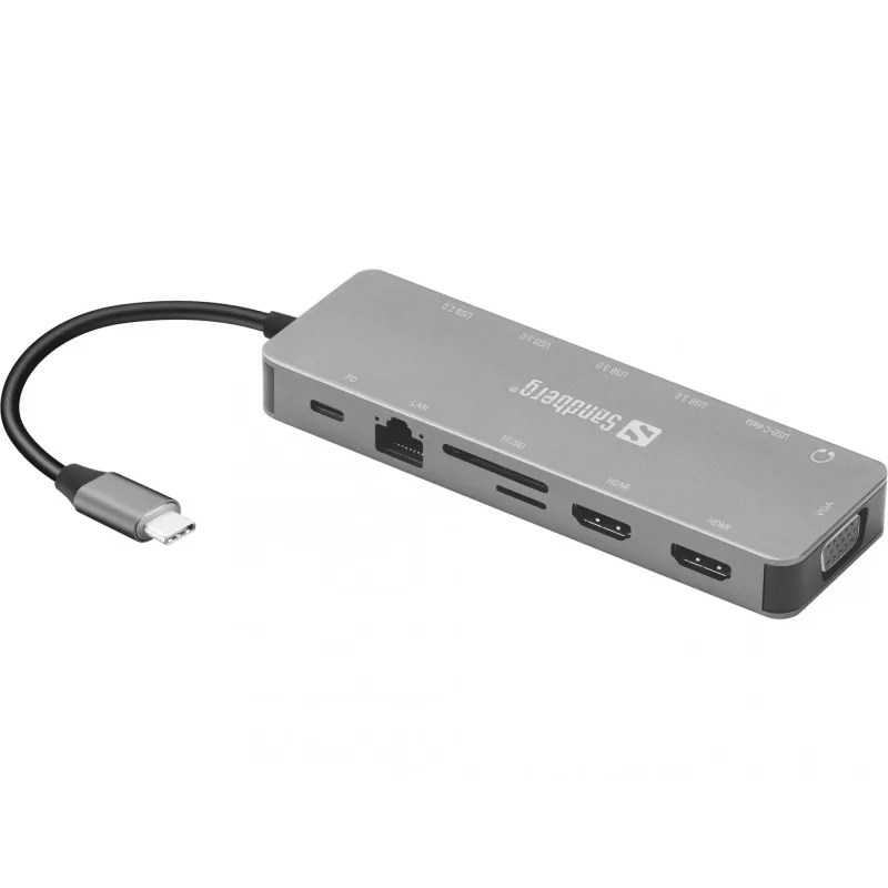 Sandberg USB-C 13-in-1 cestovný dock, USB Type-C, 100 W Power Delivery, Ethernet 1000 Mbit/s