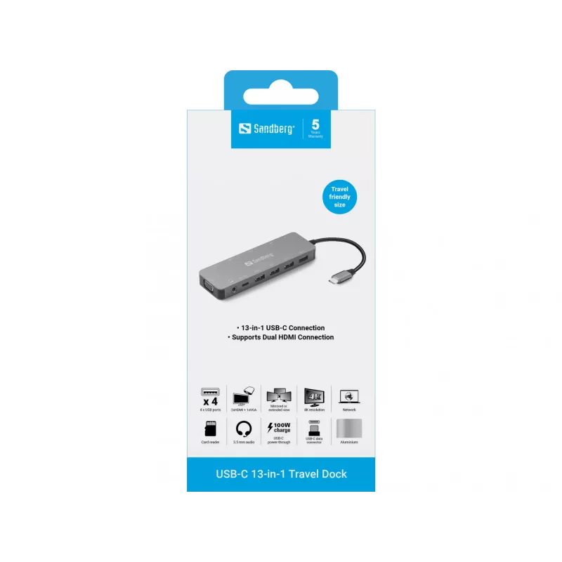 Sandberg USB-C 13-in-1 cestovný dock, USB Type-C, 100 W Power Delivery, Ethernet 1000 Mbit/s