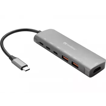 Sandberg USB-C dokovacia stanica HDMI + 2xUSB-A + 2xUSB-C + PD100W, káblová, USB 3.2 Gen 1 (3.1 Gen 1) Type-C, 100 W, hliník, 4K Ultra HD, 3840 x 2160 pixelov