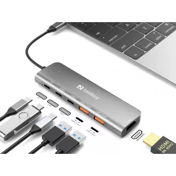 Sandberg USB-C dokovacia stanica HDMI + 2xUSB-A + 2xUSB-C + PD100W, káblová, USB 3.2 Gen 1 (3.1 Gen 1) Type-C, 100 W, hliník, 4K Ultra HD, 3840 x 2160 pixelov
