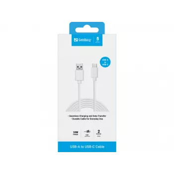 Sandberg USB-C 3.1 USB-A 3.0 2M, 2 m, USB C, USB A, USB 3.2 Gen 1 (3.1 Gen 1), konektor samec/konektor samec, biela