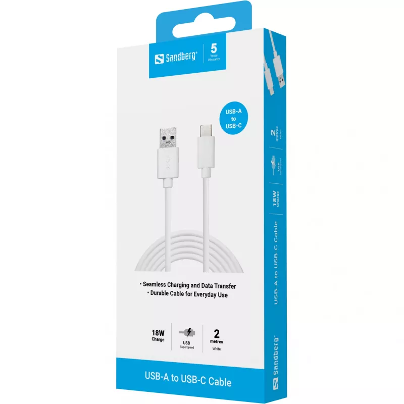 Sandberg 136-14 kábel USB-C 3.1 na USB-A 3.0, 2 m, samec/samec, biely