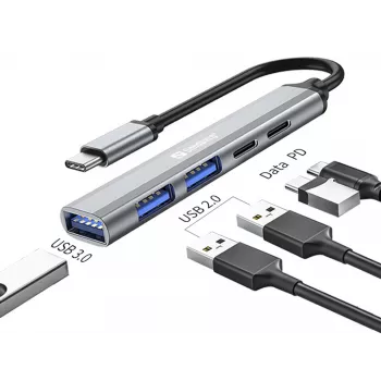 Sandberg USB-C na 3xUSB-A+2xUSB-C SAVER USB 3.2 Gen 1 sivá hliník