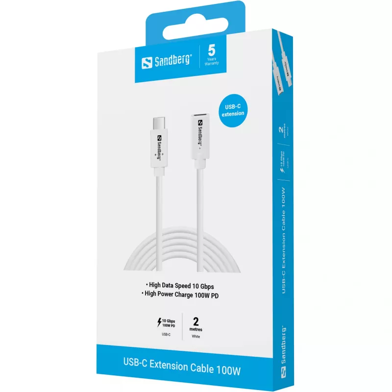 Sandberg 136-55 predlžovací kábel USB-C, vidlica–zásuvka, 100 W, 10 Gb/s, 2 m, biely