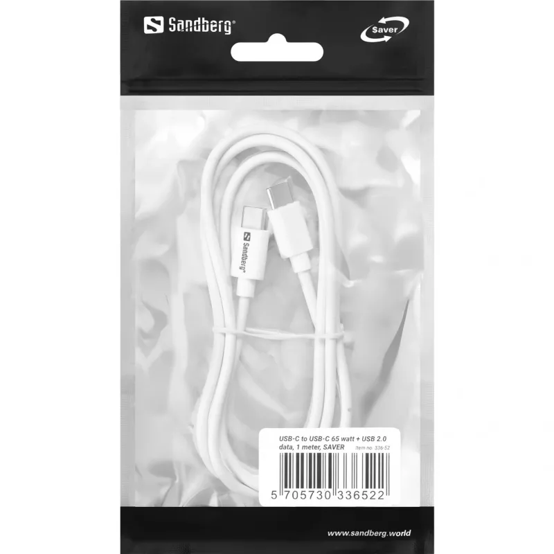 Sandberg USB-C USB-C 65W 1M SAVER, 1 m, USB C, USB C, USB 2.0, biela