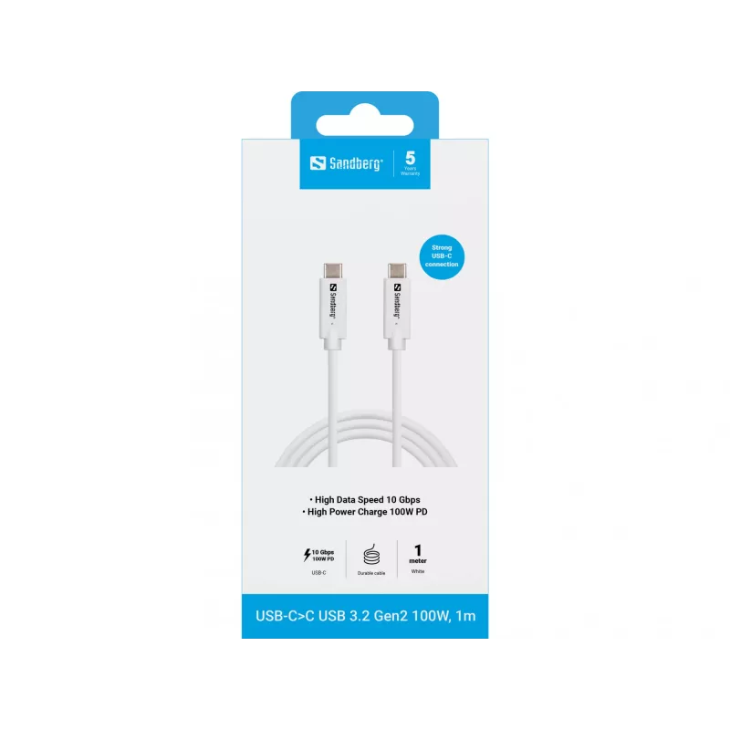 Sandberg USB-CC USB 3.2 Gen2 100W, 1M, 1 m, USB C, USB C, USB 3.2 Gen 2 (3.1 Gen 2), 10 Gbit/s, biela