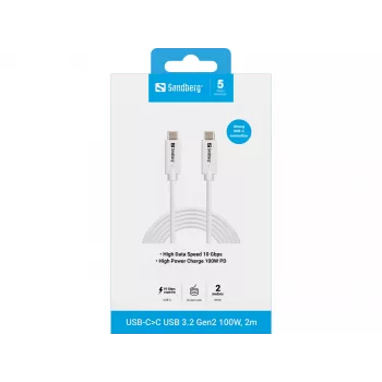 Sandberg USB-C>C USB 3.1 G2 100W 2M kábel biela
