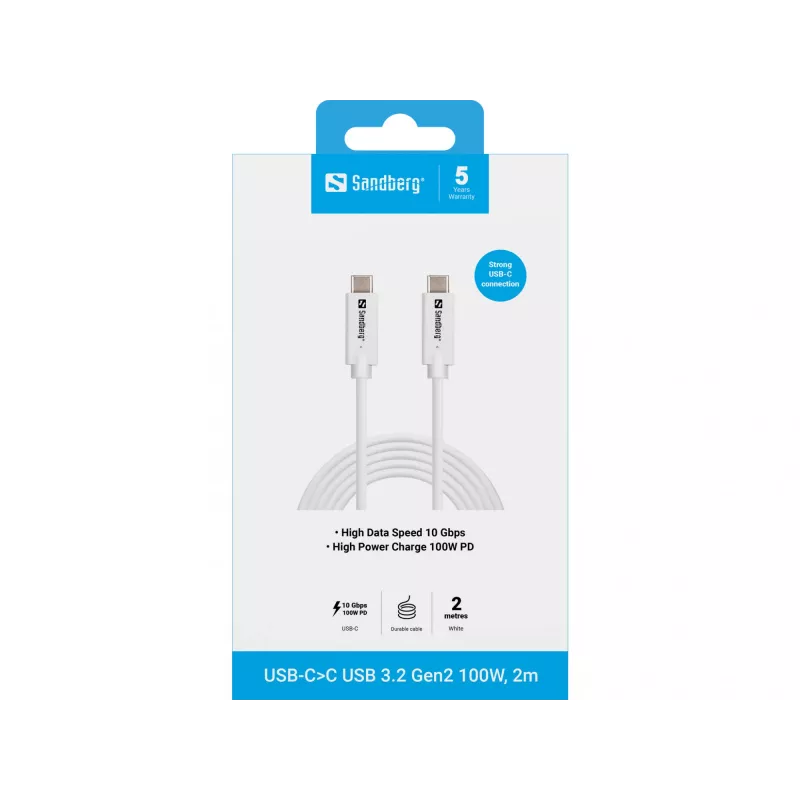 Sandberg USB-C>C USB 3.1 G2 100W 2M kábel biela