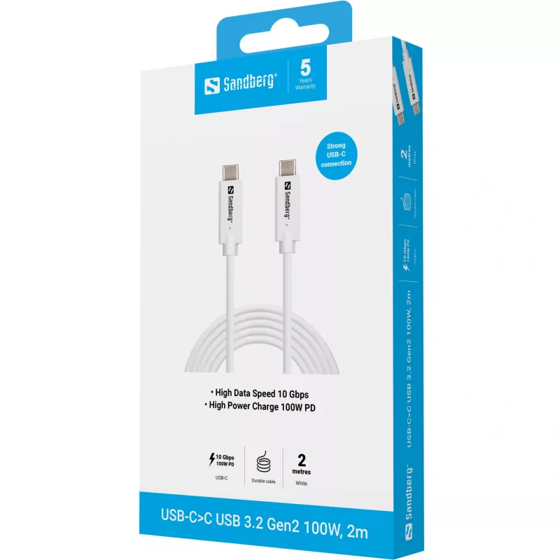 Sandberg USB-C>C USB 3.1 G2 100W 2M kábel biela