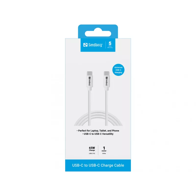 Sandberg USB-C nabíjací kábel 1M, 65W, 1 m, USB C, USB C, USB 3.2 Gen 1 (3.1 Gen 1), biely
