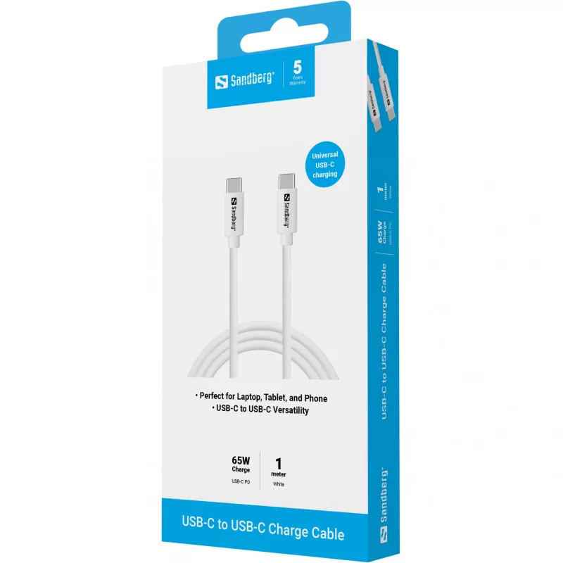 Sandberg USB-C nabíjací kábel 1M, 65W, 1 m, USB C, USB C, USB 3.2 Gen 1 (3.1 Gen 1), biely
