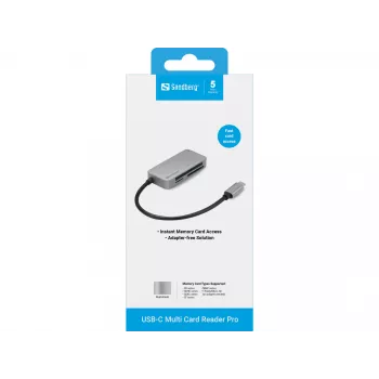 Sandberg USB-C Multi Card Reader Pro, CF, MMC, MicroSD (TransFlash), SD, SDHC, SDXC, xD, čierna, USB 3.2 Gen 1 (3.1 Gen 1) Type-C, 1 ks, 82 mm, 23 mm