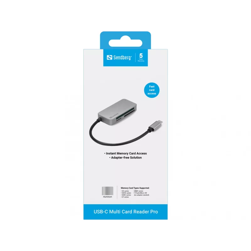 Sandberg USB-C Multi Card Reader Pro, CF, MMC, MicroSD (TransFlash), SD, SDHC, SDXC, xD, čierna, USB 3.2 Gen 1 (3.1 Gen 1) Type-C, 1 ks, 82 mm, 23 mm