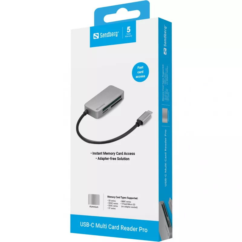 Sandberg USB-C Multi Card Reader Pro, CF, MMC, MicroSD (TransFlash), SD, SDHC, SDXC, xD, čierna, USB 3.2 Gen 1 (3.1 Gen 1) Type-C, 1 ks, 82 mm, 23 mm