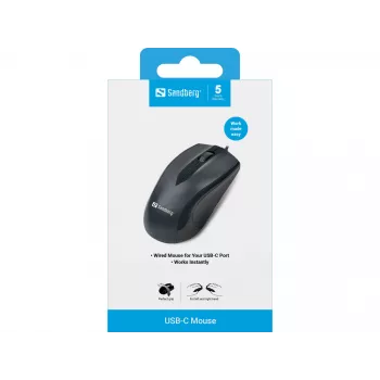 Sandberg USB-C myš, obojručná, optická, USB Type-C, 1200 DPI, čierna