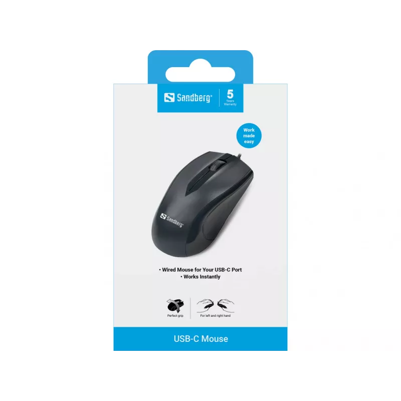 Sandberg USB-C myš, obojručná, optická, USB Type-C, 1200 DPI, čierna